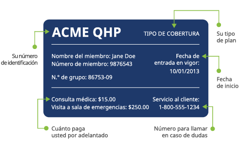 An example image of an insurance card containing, insurance carrier name, coverage plan and type, your I D number, full name and member number, copays, and customer service number.