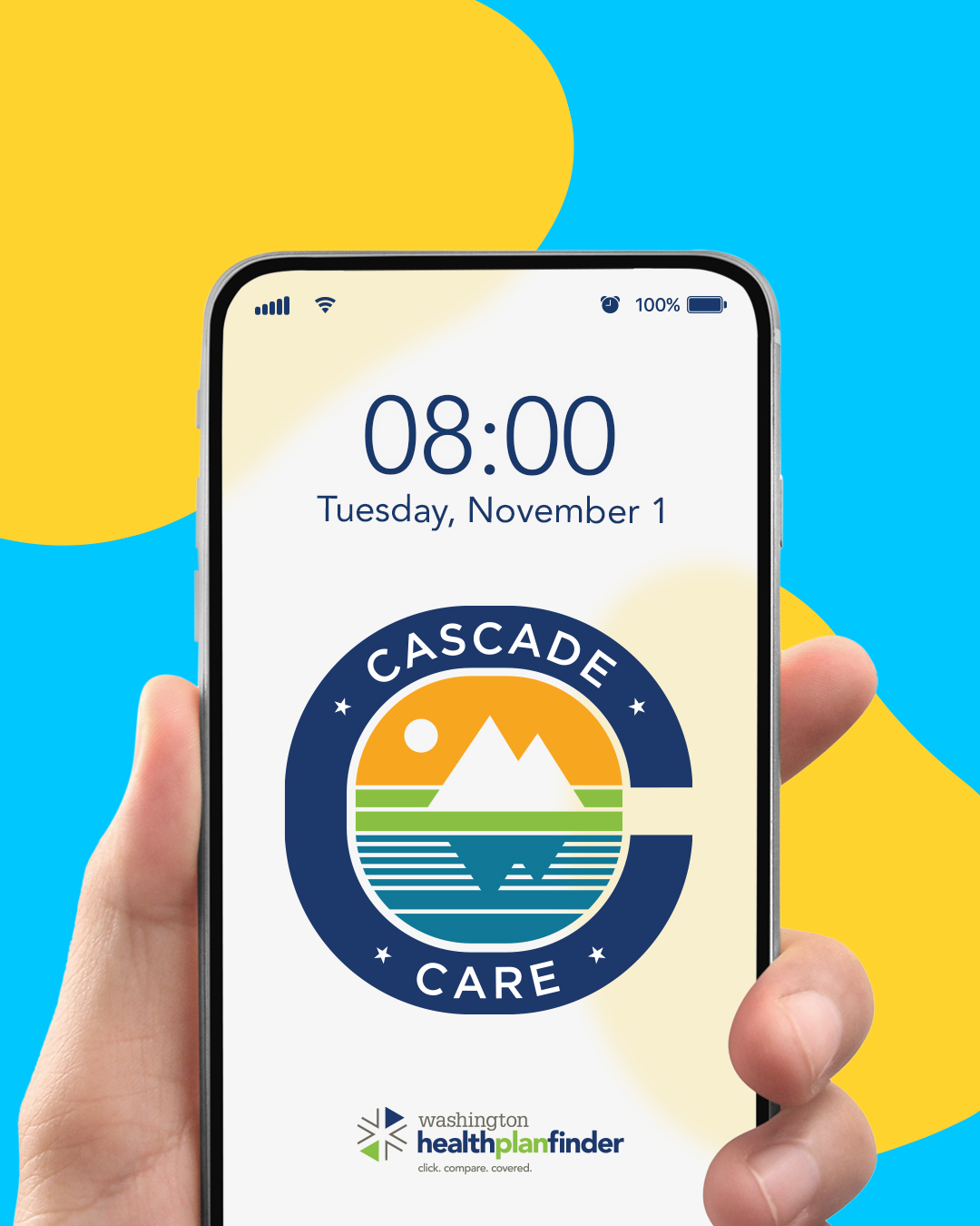 Una mano que sostiene un teléfono inteligente con el logotipo de Cascade Care en un fondo azul y amarillo